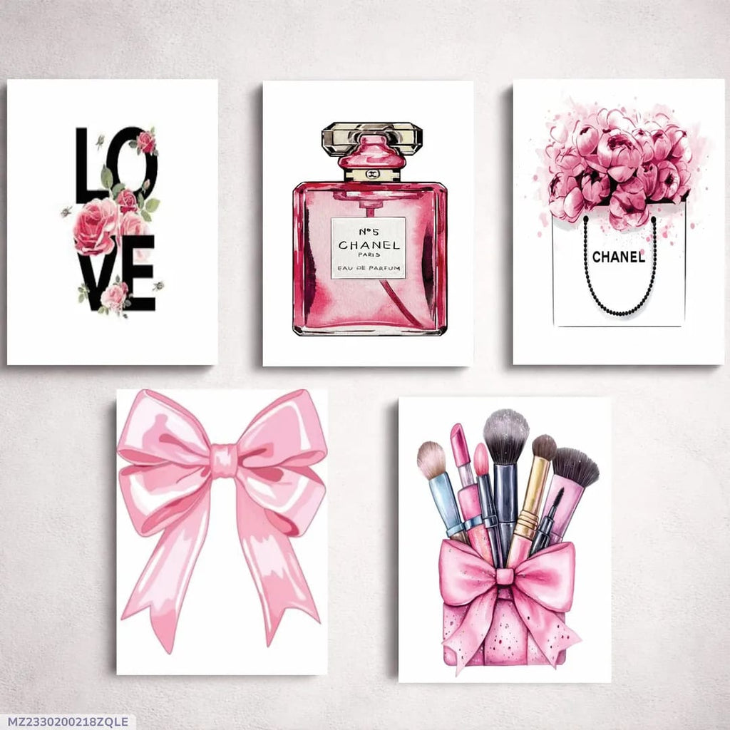 Pink Floral Wall Art Set 5Pcs 8x11 MDF Decor